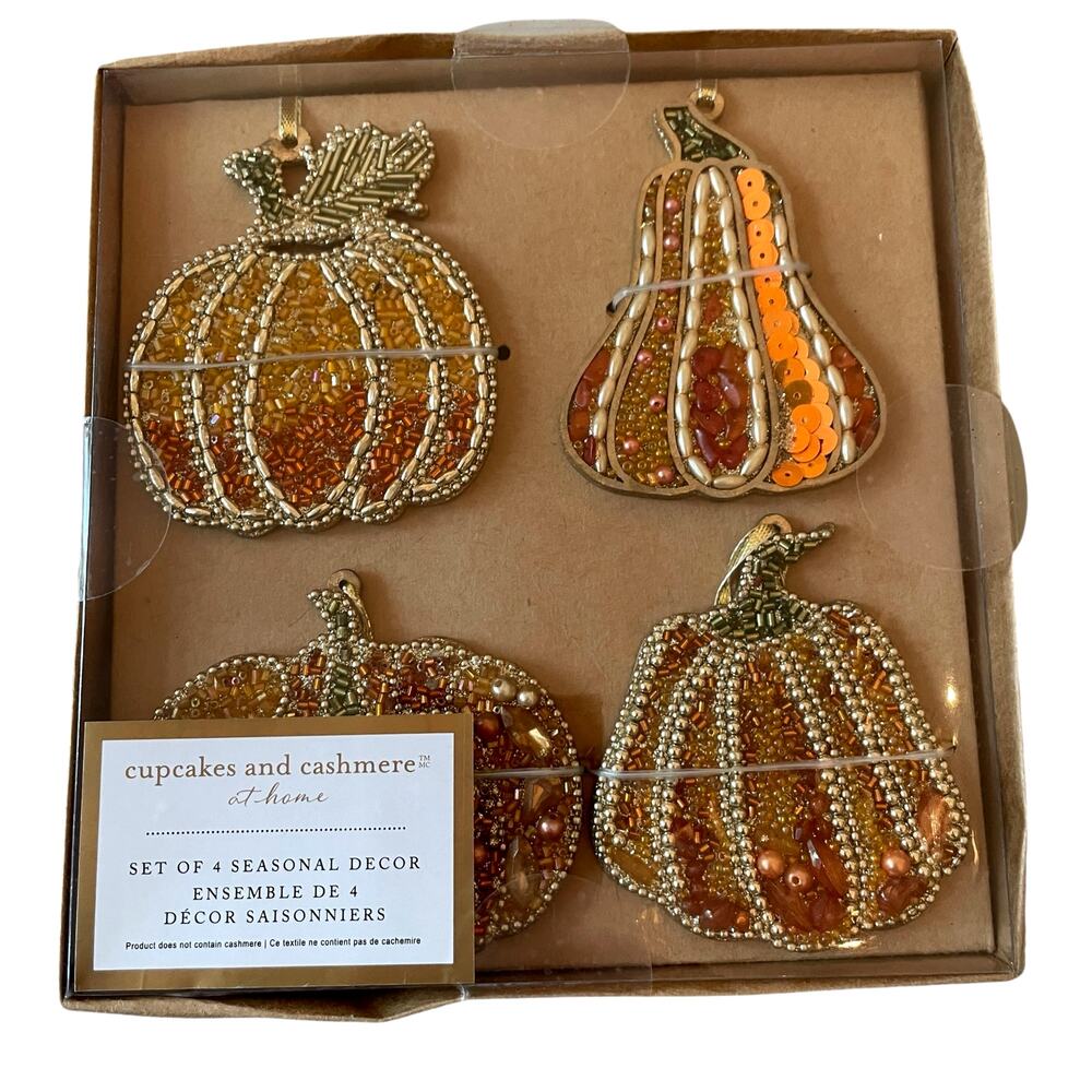 Cupcakes & Cashmere Beaded Pumpkin Ornaments 4pc Fall Decor NEW